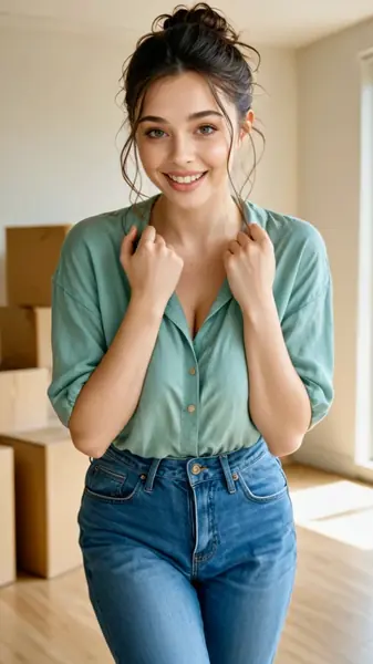 AI-created woman wearing a green blouse and jeans