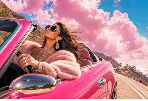 AI-created woman driving a pink convertible under cherry blossoms